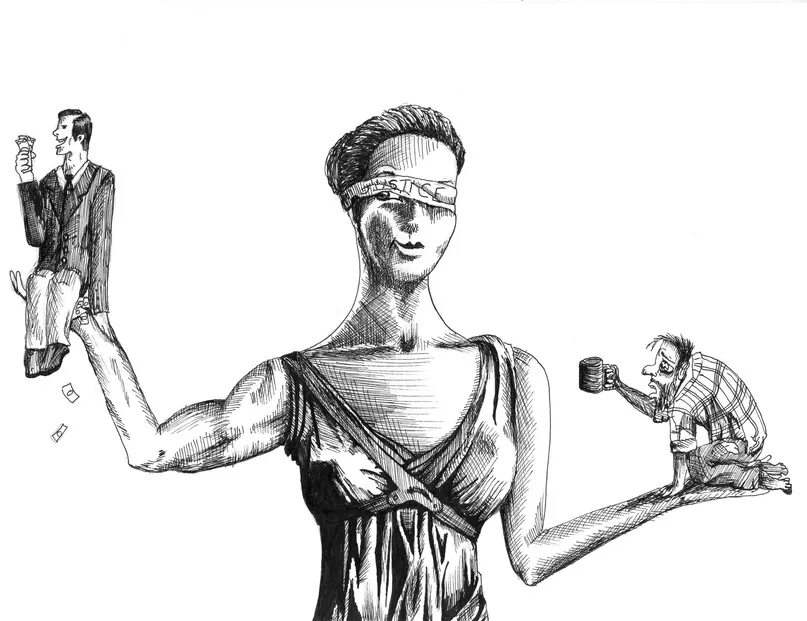 Справедливо спасающий. Рисунок на тему правосудие. карикатура человека. несправедливое правосудие.