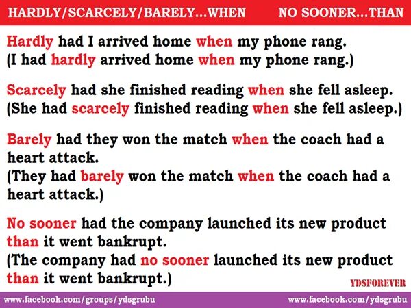 Hardly had конструкция. No sooner than конструкция. Hardly when scarcely when no sooner than правило. Hardly scarcely no sooner правило. By the new company had