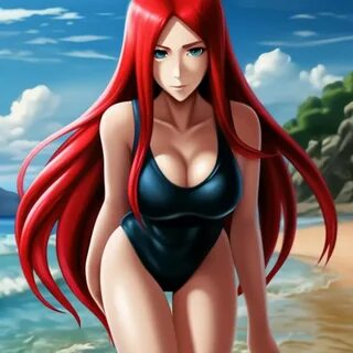Kushina Uzumaki in a swimsuit, big bust, full-length , bent over.