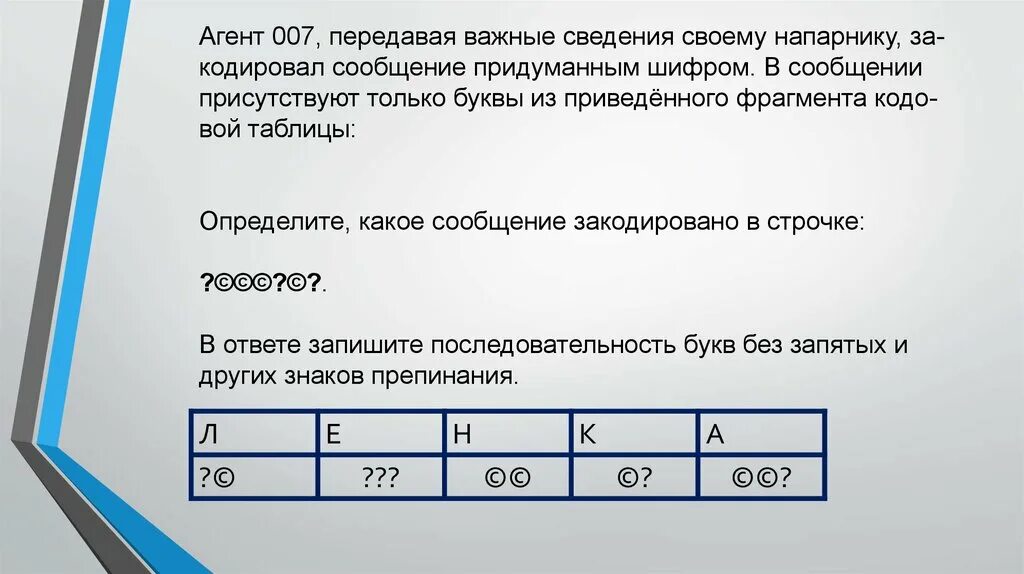 Вместо каждой буквы слова фокусник. Агент 007 передавая важные сведения.