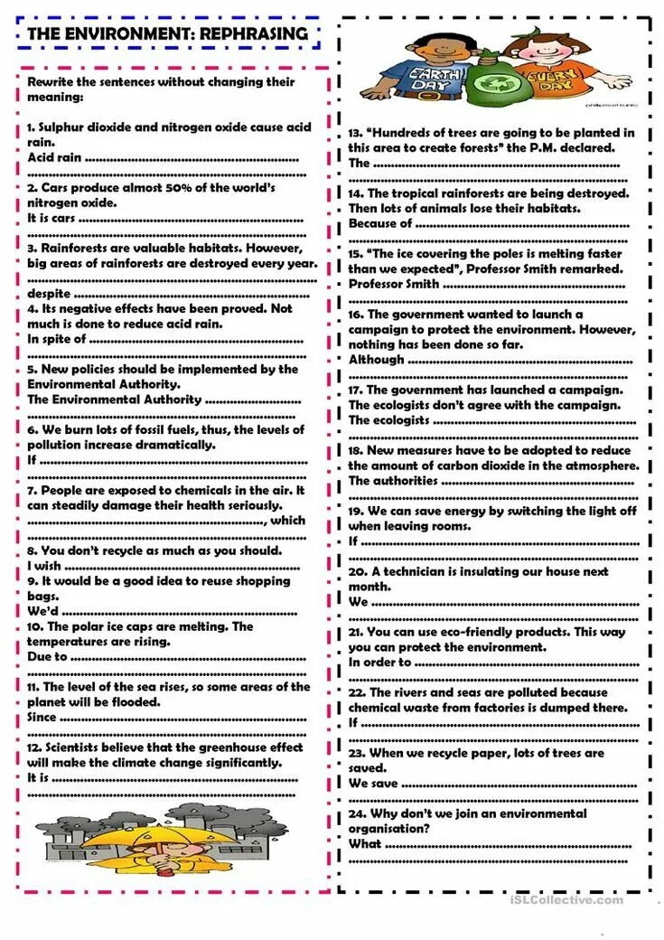 Rephrase the sentences. Environment Worksheets. Wishes exercises. Worksheets pdf rephrasing.