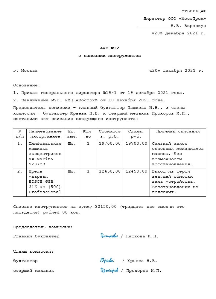 Инструмент пришел в негодность. Акт списания инструмента образец. Акт на списание электроинструмента. Форма акта на списание инструмента. Форма акта списания электроинструмента.