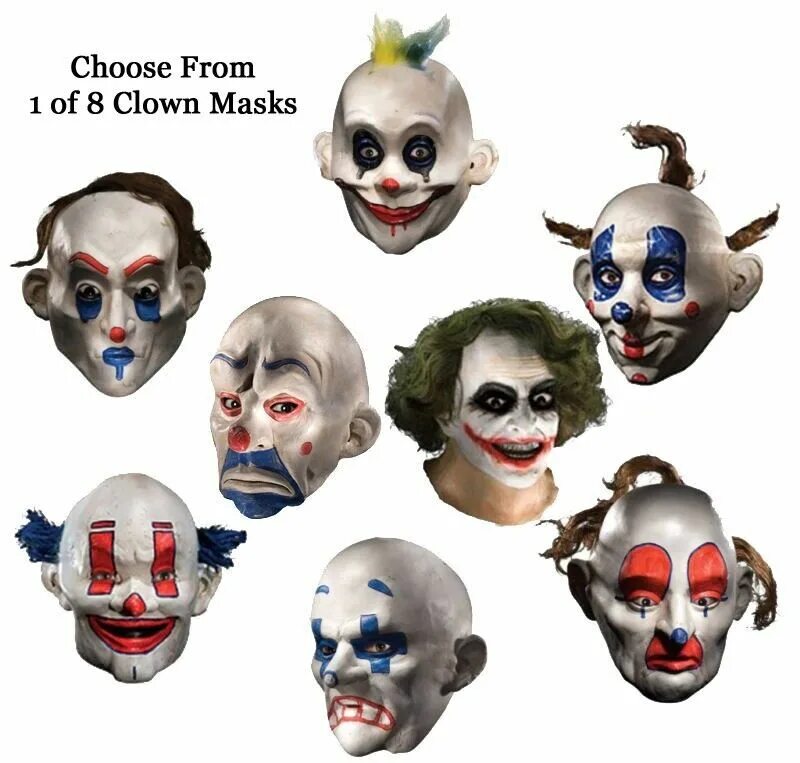 Клоун бандит. Маски клоунов бандитов. Крутые пластиковые маски клоунов бандитов.