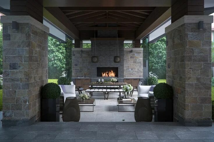 Terrasse inspirante avec cuisine extérieure et un foyer #cuisineExterieure #Insp