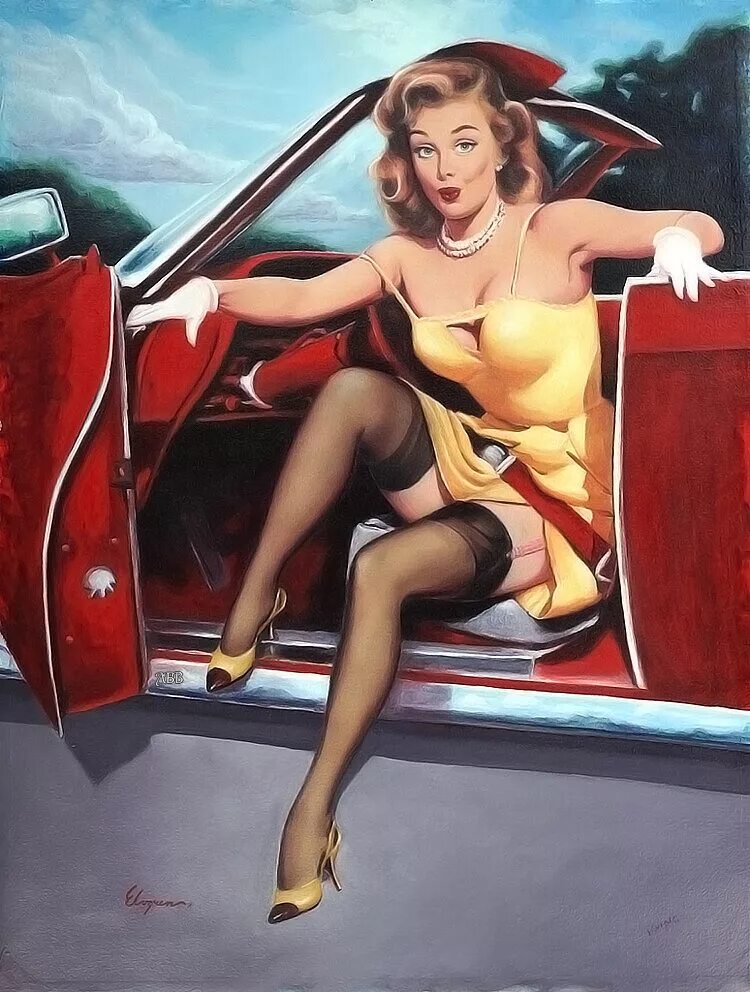 Pin up634 com. Художник Gil Elvgren. Gil Elvgren автомобили. Художник Джил Элвгрен пин-ап.