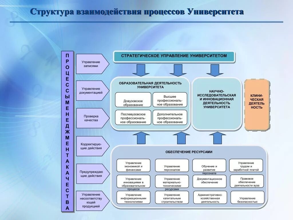 Направление деятельности института. Процессы СМК университета. Структура система менеджмента качества вуза. Организационная структура взаимодействия процессов СМК. Схема взаимодействия процессов СМК университета.