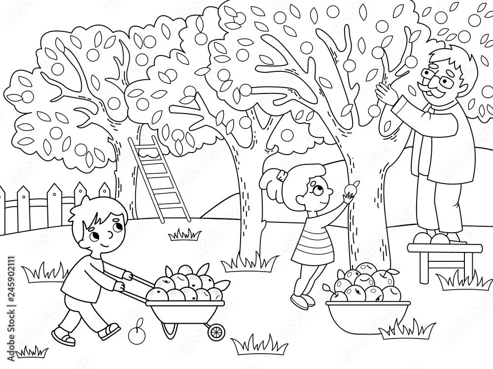 Картинка сад для детей распечатать Three Children Playing Family Picnic Coloring Pages NetArt Spring coloring pag