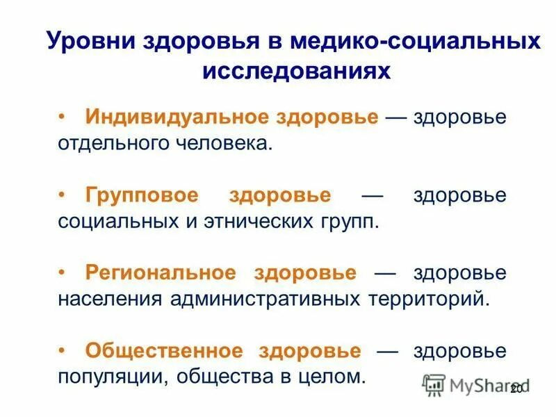 Назовите уровни здоровья