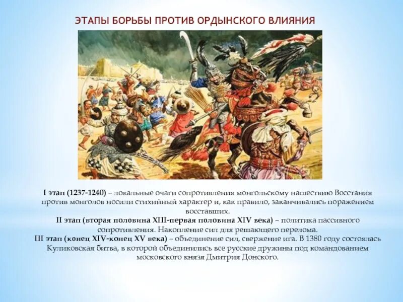 Борьба народов Руси против монгольского владычества. Хронология татаро-монгольского владычества. Борьба Руси против монголо - татарского Ига. Этапы борьбы русского народа против Ордынского владычества.