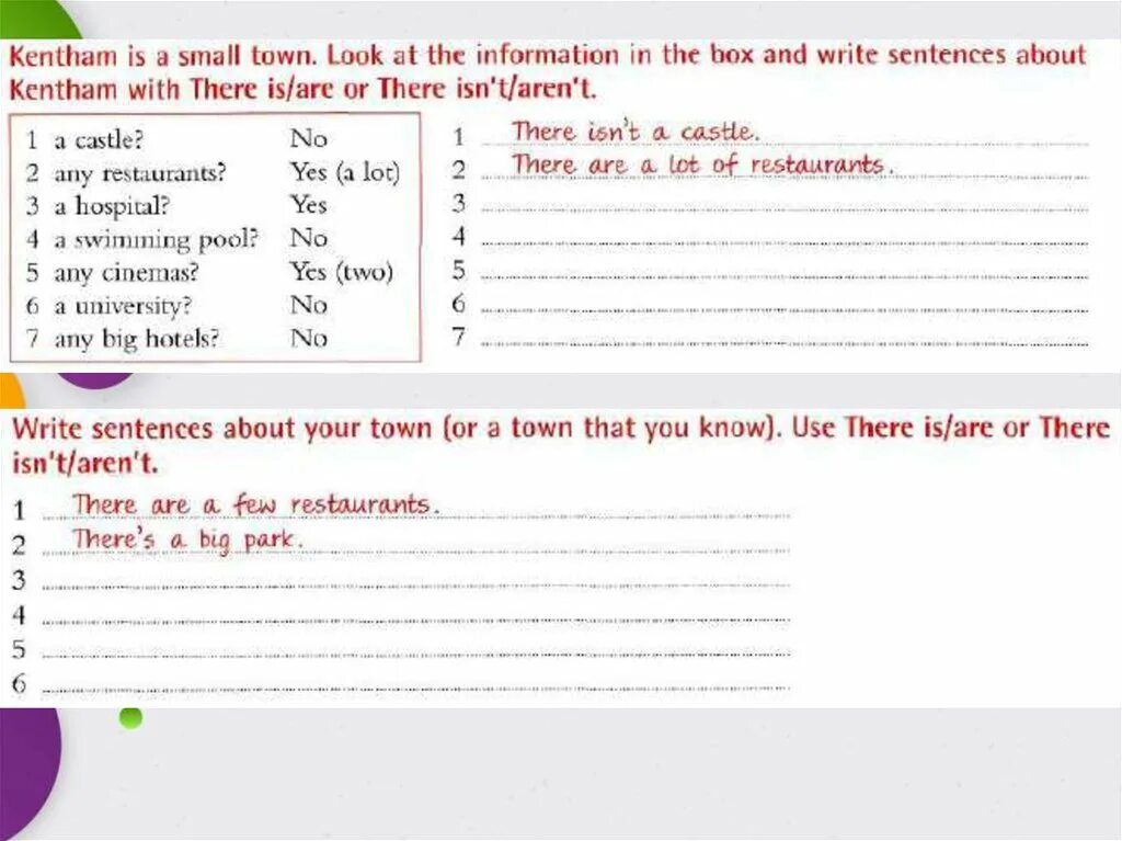 In a small Town ответы. Dunford is a small Town look at the information in the Box and write sentences with there. There is a Park big. Kentham. Write sentences about the pictures