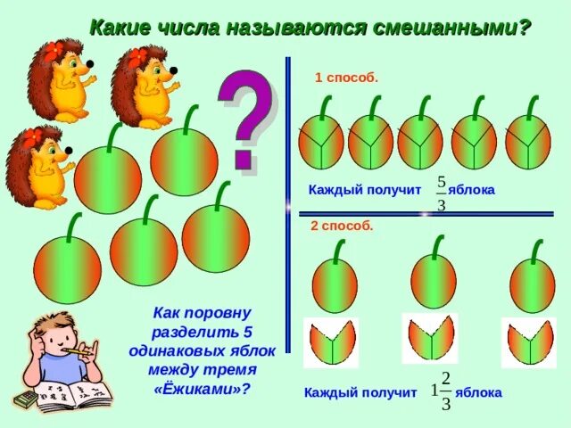 Как разделить 5 яблок между 5. Какие числа называются смешанными. как разделить 5 яблок между 6 детьми поровну. смешанные дроби на яблоках. какие числа мы называем смешанными.