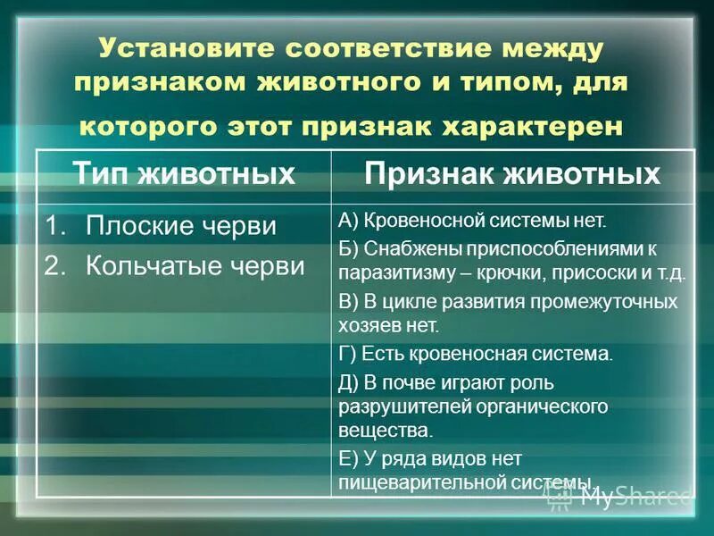 Установите соответствие между признаком и типом червей. Установите соответствие между признаком и типом червей