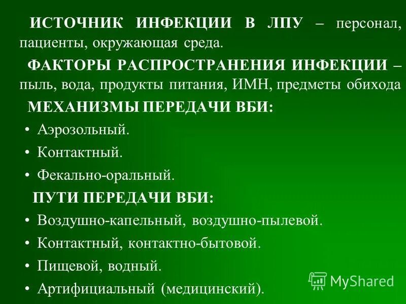 Источники инфекции в ЛПУ. Механизмы передачи инфекции в ЛПУ. Факторы передачи инфекции в ЛПУ. Источники внутрибольничной инфекции (ВБИ).