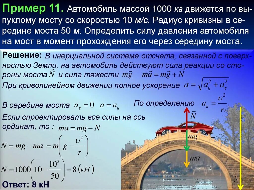 Давление автомобиля на мост. Сила давления автомобиля на мост. Силы действующие на мост. Давление на выпуклом мосту. Радиус кривизны моста.