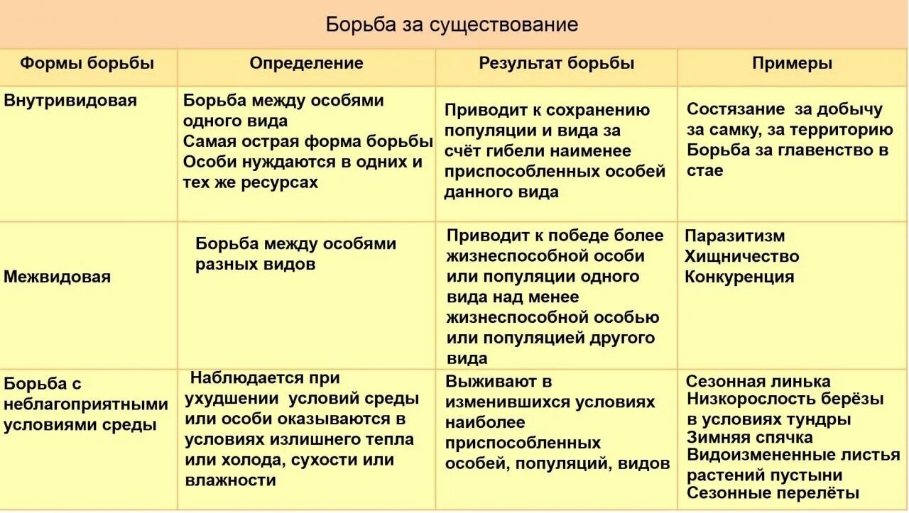 Выбери три верных характеристики борьбы за существование