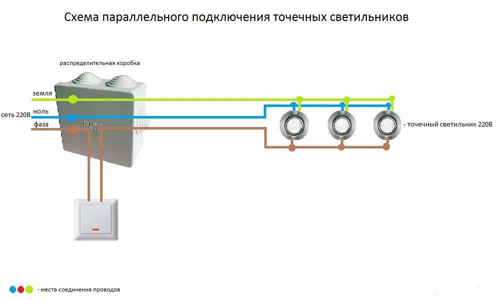 Соединение подключение ответ. Схема подключения встраиваемых светильников 220в светодиодные. Схема последовательного соединения точечных светильников. Схема параллельного соединения 5 лампочек. Параллельное соединение лампочек 220 схема подключения.