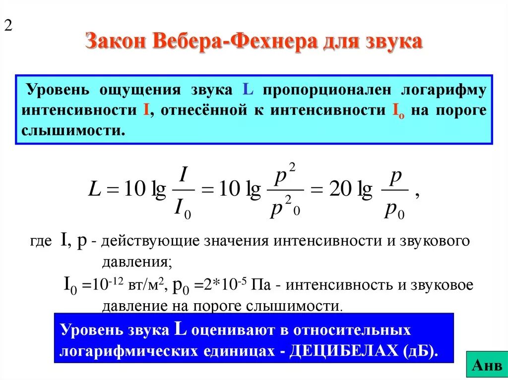 Закон Вебера-Фехнера формула. Уровень ощущения звука пропорционален. 1. Закон Вебера-Фехнера.. Закон Вебера-Фехнера для звука. Формула децибела