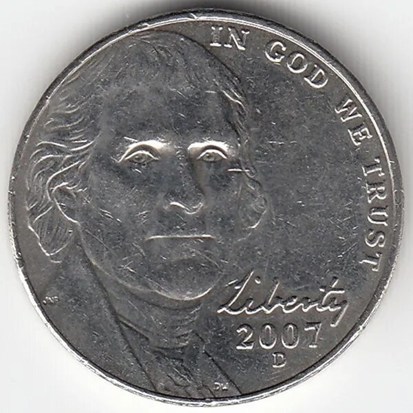 5 сша в рублях. 5 Центов 2007. 5 Центов in God we Trust 2014. США 5 центов 2007 Proof. Монета Джефферсон.