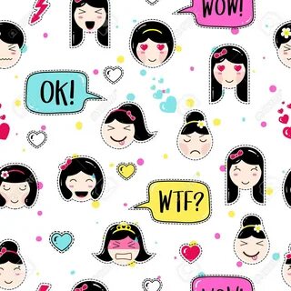 Emoji seamless pattern in asian style with anime emoticons girls. 