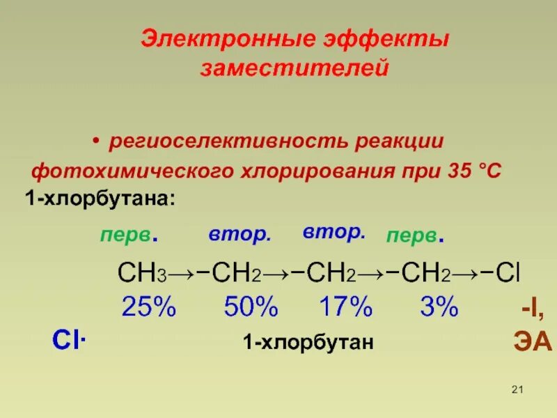 1 хлорбутан реакции. Региоселективность реакции. Хлорбутан изомеры. Фотохимическое хлорирование. Электронные эффекты и реакционная способность соединений.