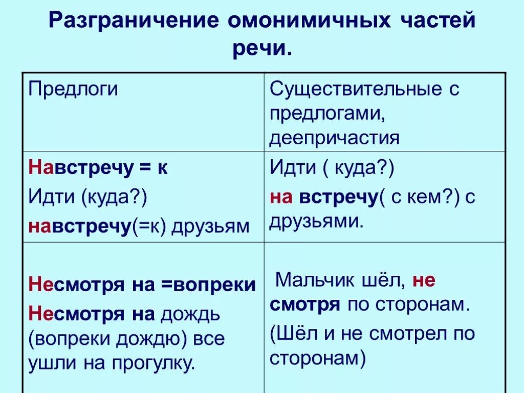 Правописание предлогов и омонимичных частей речи. Разграничение омонимичных частей речи. Навстречу часть речи. Омонимичные части.