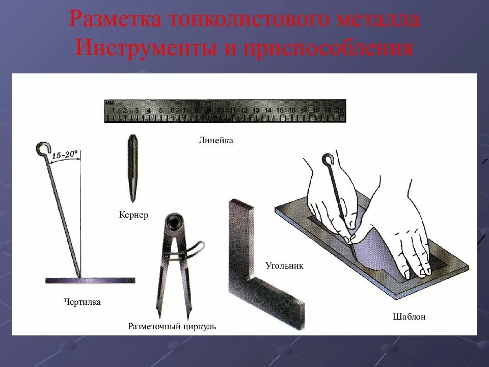 Разметка это операция по. Разметочная линия на изделии из тонколистового металла. разметка заготовок из тонколистового металла. инструменты для разметки тонколистного металла. линейка,угольник,кернер,разметочный циркуль,чертилка.