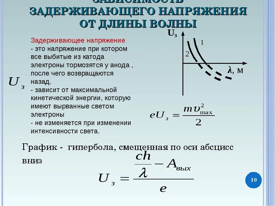 Зависимость напряжения от частоты света. Модуль запирающего напряжения формула. Модуль запирающего напряжения от длины волны. Формула нахождения запирающего напряжения. График зависимости задерживающего напряжения от длины волны.