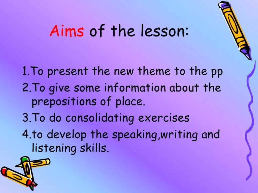 Aims of the Lesson. Aims of the Lesson in English. Subsidiary aim of the Lesson. Theme of the Lesson. Planning aim