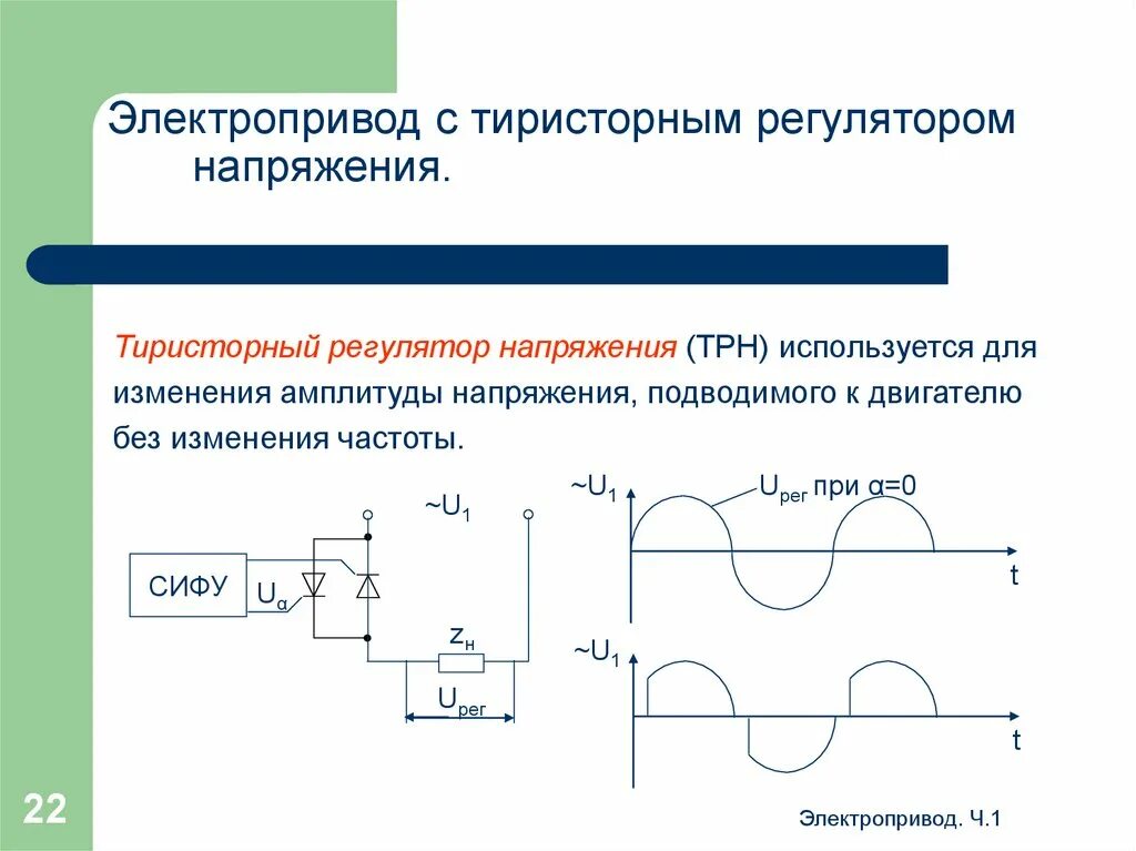 Характеристики регуляторов напряжения. Тиристорный регулятор напряжения для асинхронного двигателя. Сифу тиристорный электропривод. Схема тиристорный регулятор напряжения асинхронного двигателя. Диаграммы напряжений в тиристорном регуляторе напряжения.