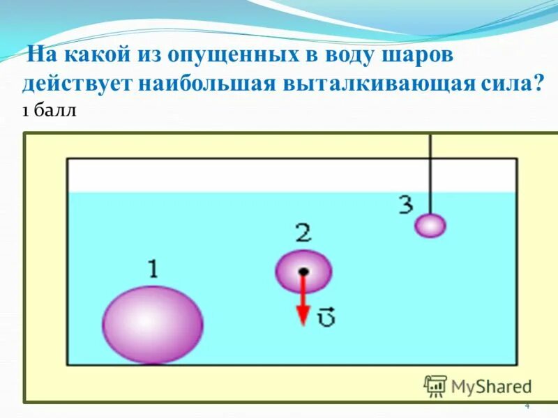 Выталкивающая сила в пресной и соленой воде. Силы действующие на шарик в воде. На какой шар действует большая Выталкивающая сила?. На какой из этих шаров действует большая Выталкивающая сила. На какой из шаров действует наибольшая Выталкивающая сила.