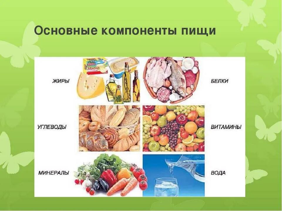 Белки жиры углеводы витамины минералы вода. Основные компоненты пищи. Основные компоненты пи. Основные компоненты питания человека.