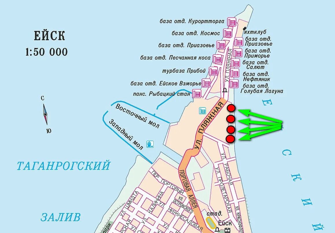 Центральный пляж Ейск на карте. Ейская коса отели и базы отдыха на карте. Карта Ейска с улицами. Расположение города Ейска на карте.