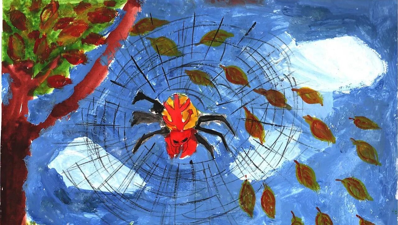 Осенняя паутина. Веточки деревьев с росой и паутинкой. Пролетают паутинки. Украшение и реальность изо 2 класс. Пролетают паутинки с паучками в серединке.