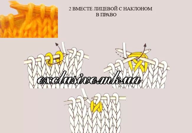 Лицевые петли с наклоном. 3 петли вместе с наклоном вправо. 2 вместе влево. Лицевые петли с наклоном вправо и влево. Провязать 2 петли вместе с наклоном вправо.