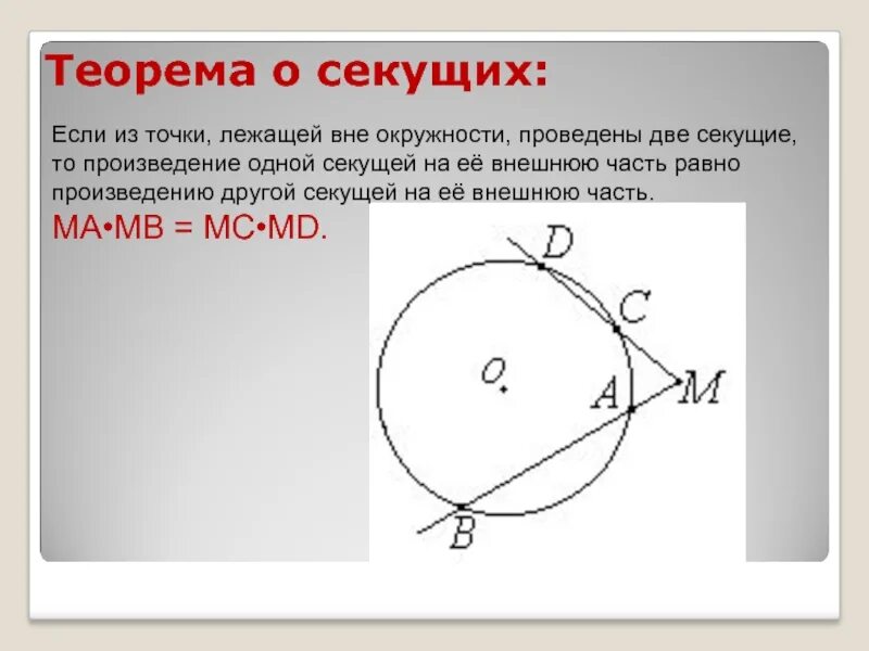 Секущая равна произведению. Теорема о двух секущих окружности. Теорема о секущих к окружности. Свойства двух секущих к окружности. Теорема о двух секущих проведенных из одной точки.