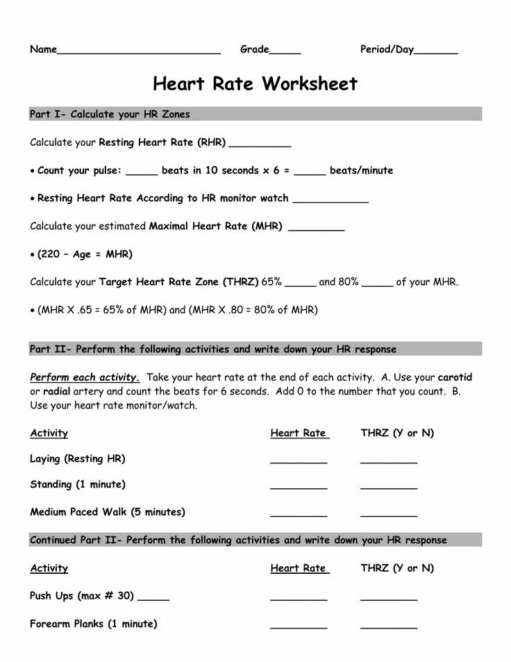 Fitness Worksheets. Heart Worksheet. Medical Education Worksheet. To BW Worksheet. Activity rate