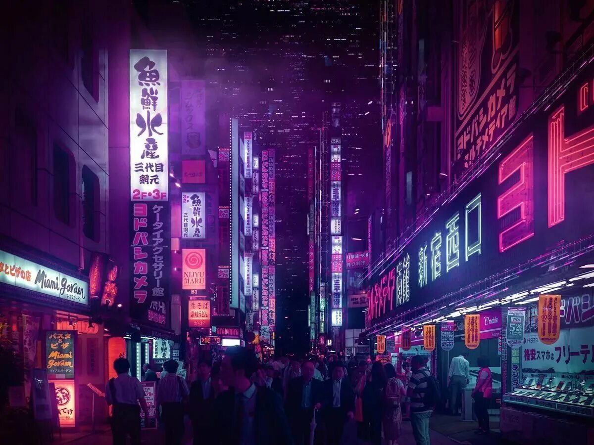 Токийский фиолетовый. Неон Сити Япония Акихабара. Токио улица Cyberpunk. Неон Сити Япония Синдзюку.