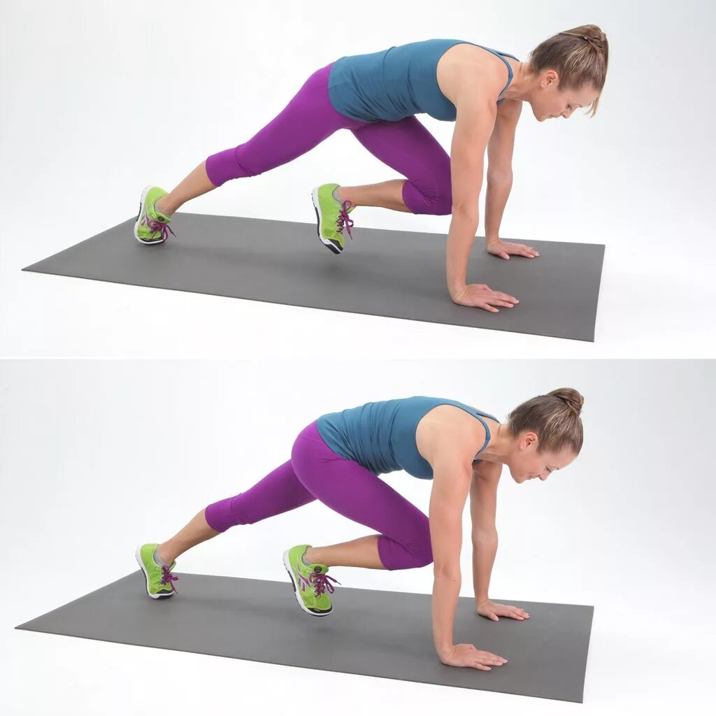 скалолаз упражнение на пресс. поза с коленом у груди. упражнение подтягивание колен к груди. упражнение подтягивание колен.