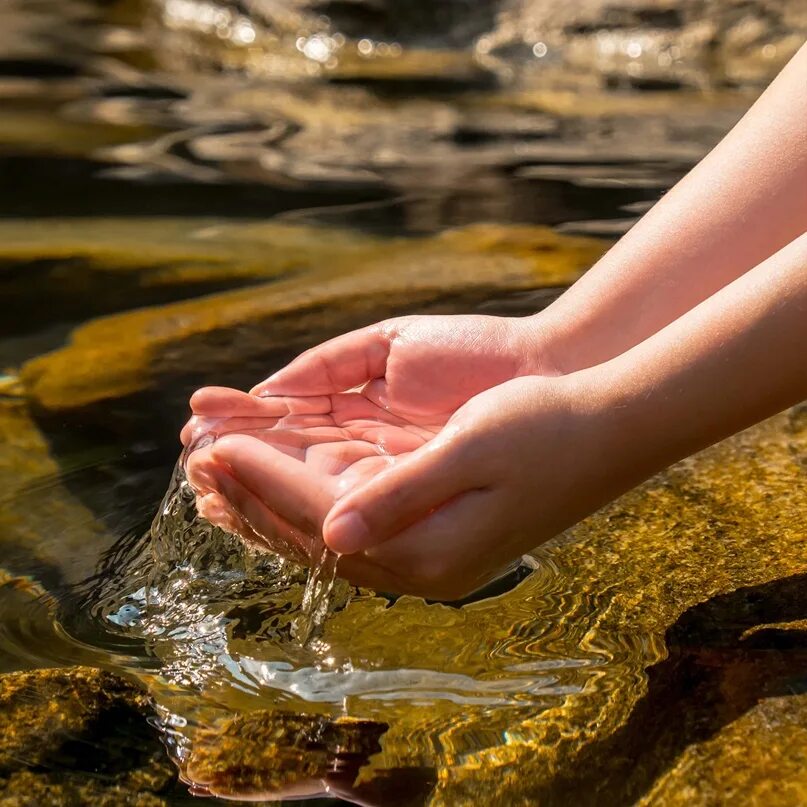 Родники вместе. Вода в ладонях. Чистая вода. Вода в руках. Девушка с водой в ладошках.