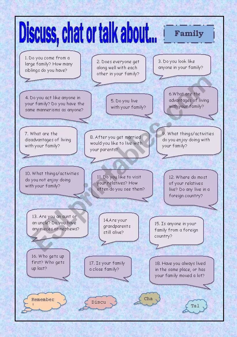 Talk about trip. Let&#039;s talk about family. family speaking cards. esl questions about family. stereotypes speaking card.