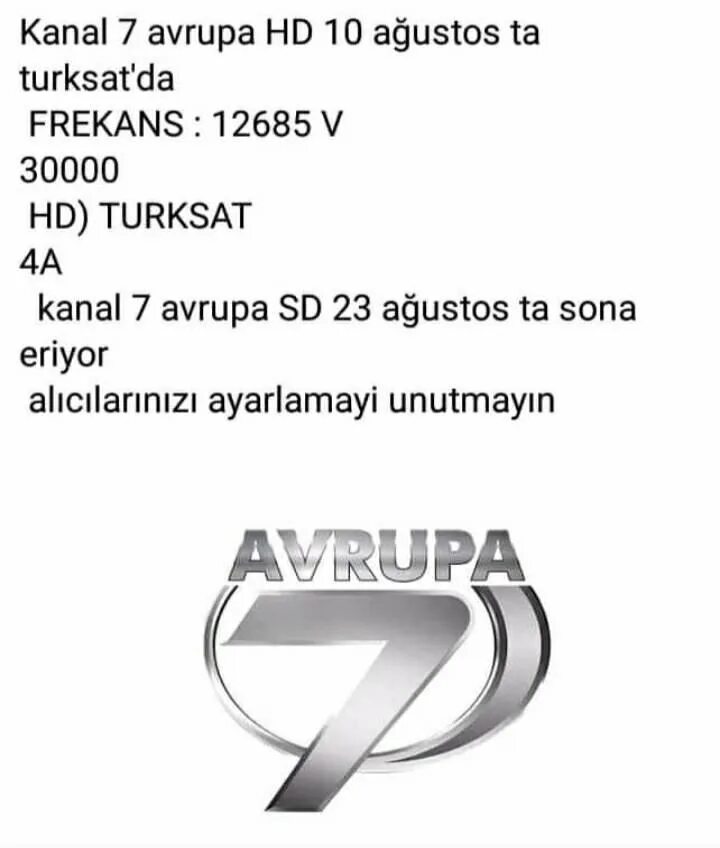 Kanal7 Kodu. Turksat 3a/4a 42e. Leb kanal 7 MT.