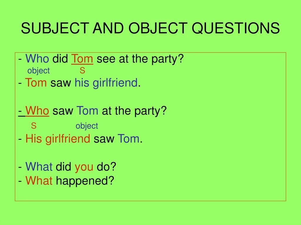 Question to the subject примеры. Subject and object questions. Subject вопрос. Вопрос to the subject.