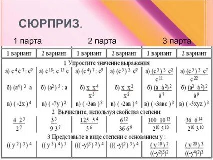 Самостоятельная работа по алгебре 7 свойства степени