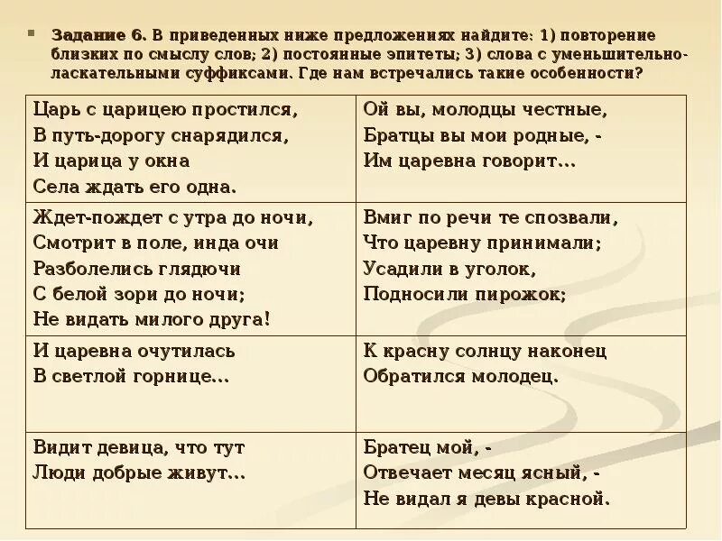 Из приведенного ниже стихотворения. Эпитеты с уменьшительно ласкательными суффиксами. Найдите в тексте постоянные эпитеты. Постоянные эпитеты слова с уменьшительно ласкательными суффиксами. Задание найти повторы в тексте.