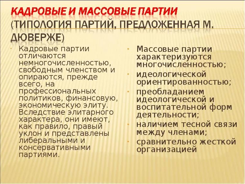 Массовые партии россии. Кадровые партии. Кадровые и массовые партии. Характеристика кадровых партий. Признаки кадровой партии.