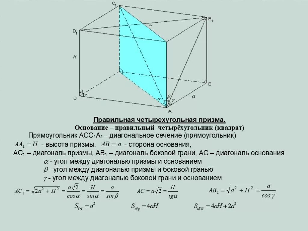 Правильная четырехугольная призма какое основание. Формула диагонального сечения правильной четырехугольной Призмы. Правильная правильная четырёхугольная Призма. Диагональное сечение наклонной четырехугольной Призмы. Площадь сечения правильной четырехугольной Призмы.