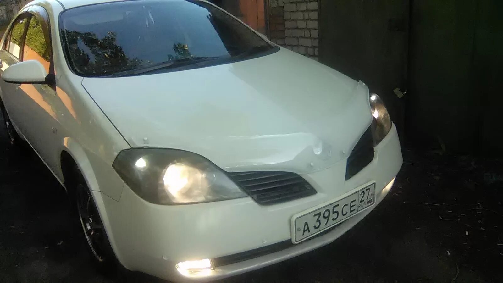 Капот ниссан р12. Мухобойка Nissan primera p12. Nissan primera p12 белая. Желтые фары на Nissan primera р12. Мухобойка Ниссан примера р12.