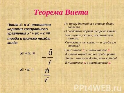 Теорема виета алгебра 8 класс мерзляк