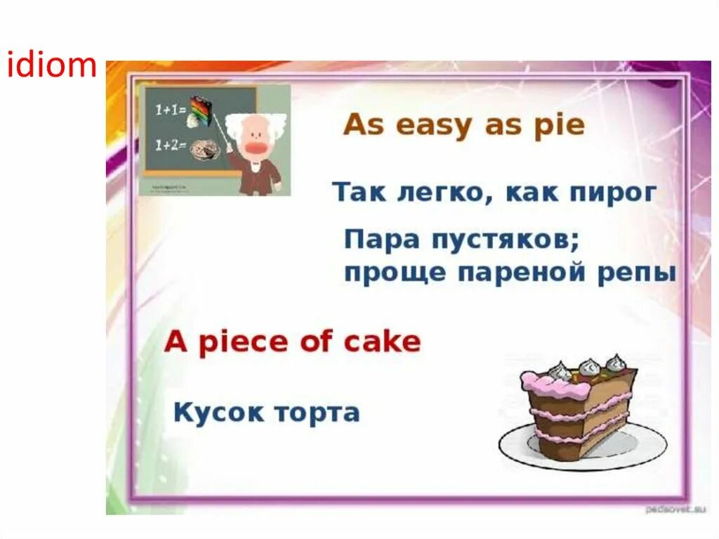 Что значит piece of cake. Идиомы в английском языке a piece of Cake. Easy as pie идиома. Идиомы as easy as pie. Идиомы и поговорки о еде на английском.