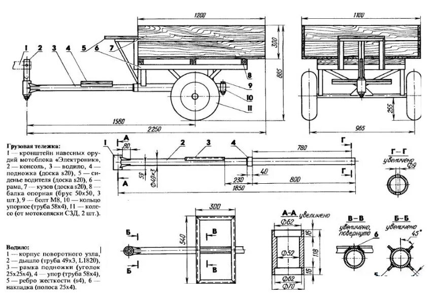 Размеры телеги для мотоблока. Телега для мотоблока своими руками чертежи.